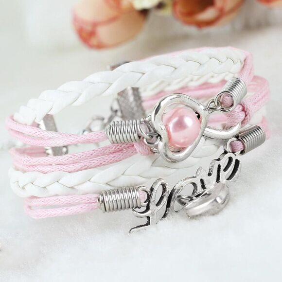 INFINITY LOVE PINK PEARL HEART LOCK LEATHER LAYERED BRACELET IN PINK AND WHITE - Picture 3 of 5